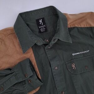 Browning Shooting Shirt Mens 3XL Cotton Green Tan Quilted Shoulder Hunting Logo